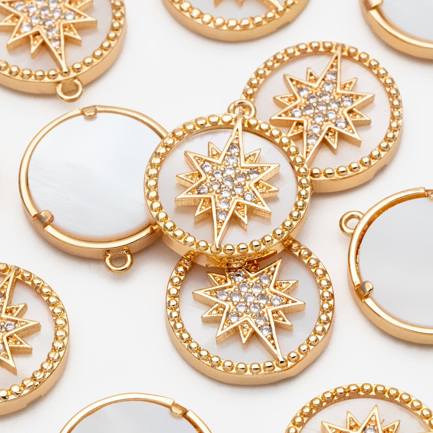 4pcs Shell Pave Gold North Star Charm, 18K Gold plated Brass, CZ Star Pendants (GB-1048-J)