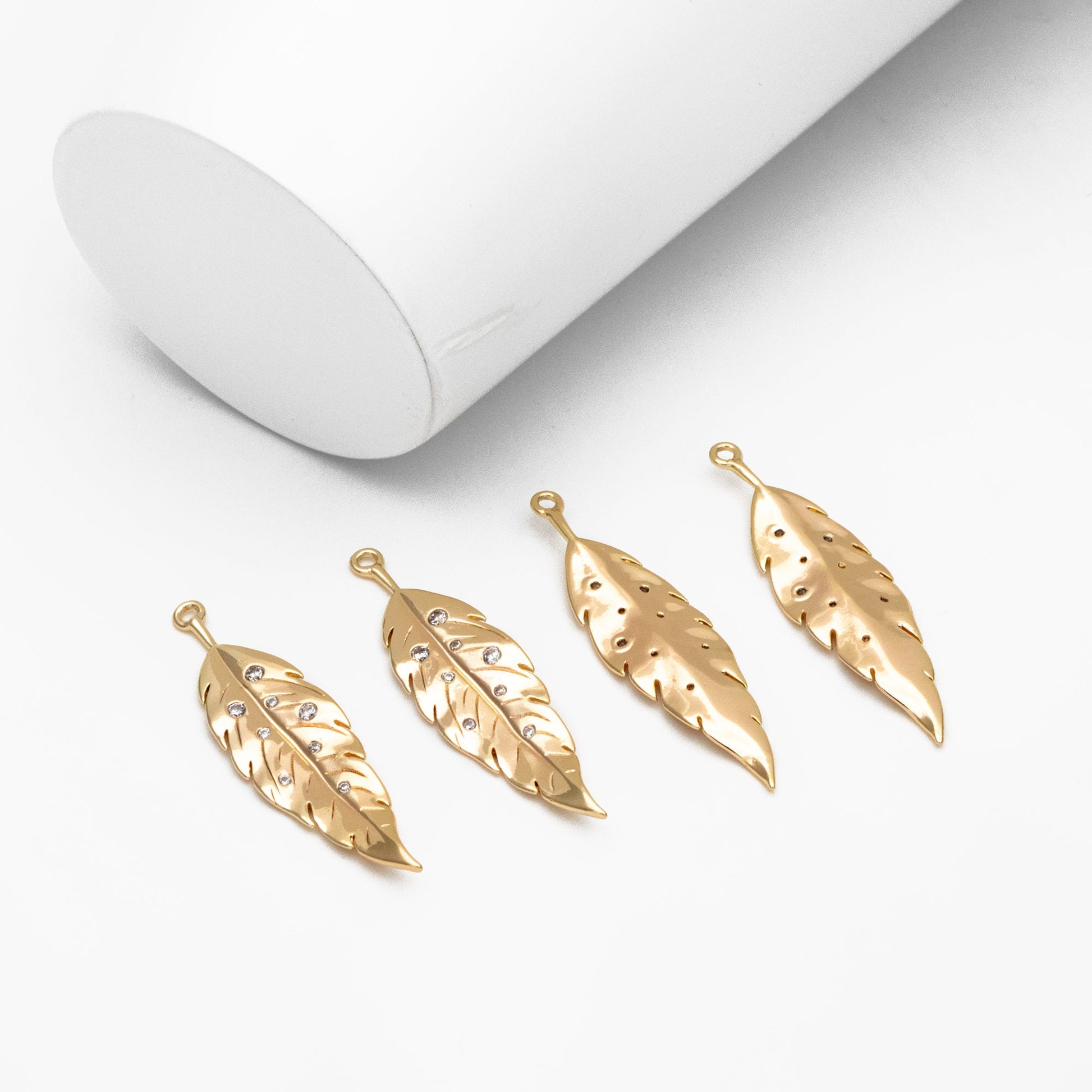 4pcs Gold CZ pave Dainty Leaf Charms, Leaf Pendants, Earring Charm, Necklace Pendant (GB-978-E)