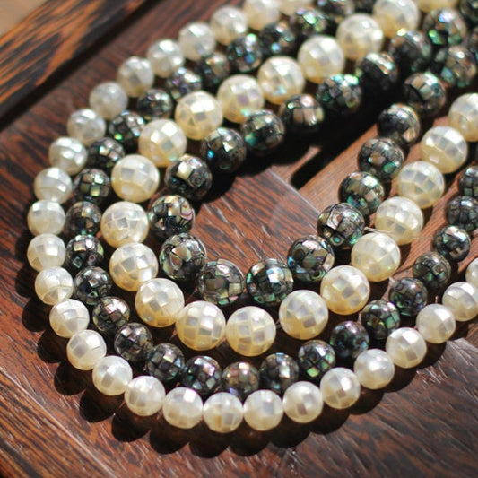 White Mother of Pearl Mosaic Beads, Abalone Shell Mosaic Beads, 8/ 10/ 12mm Round -(V1152) full strand