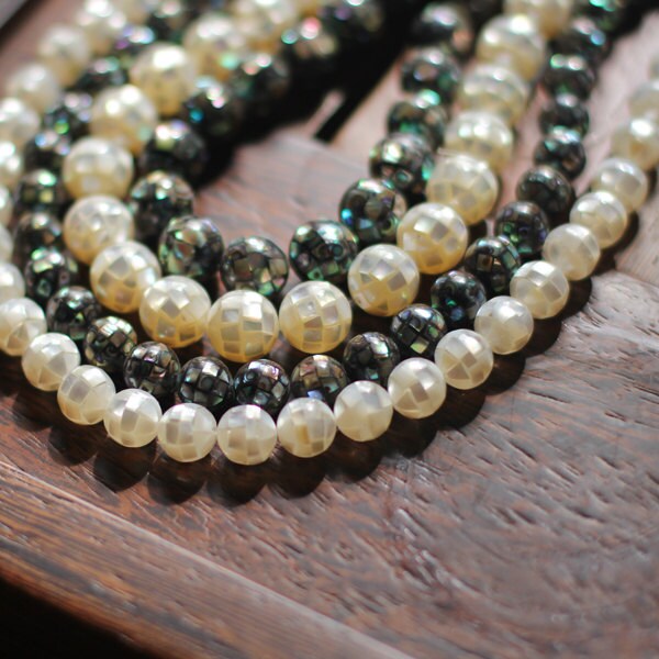 White Mother of Pearl Mosaic Beads, Abalone Shell Mosaic Beads, 8/ 10/ 12mm Round -(V1152) full strand