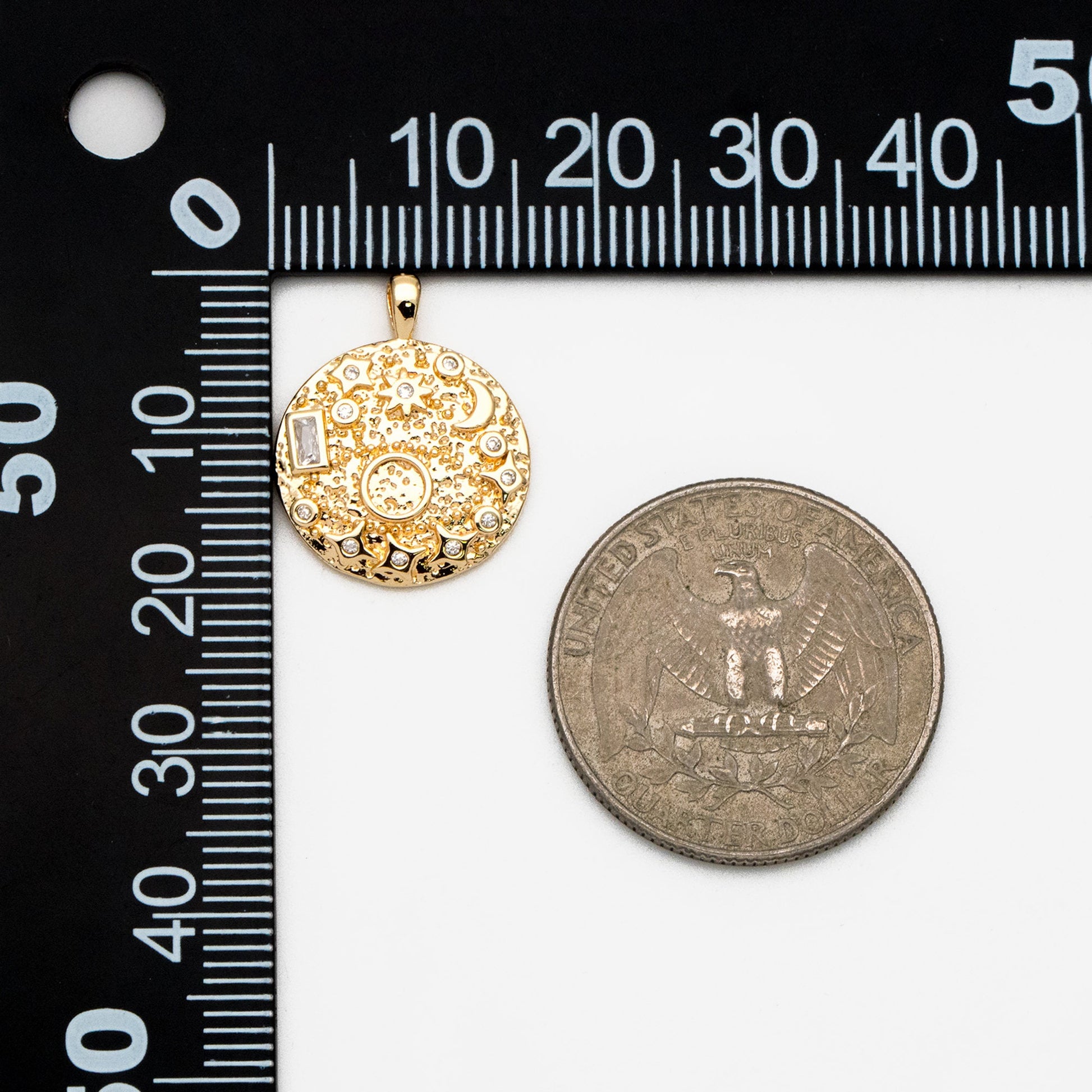 4pcs CZ Pave Gold Round Moon Star Charms, 18K Gold plated Brass, Disk Pendants (GB-2394-D)