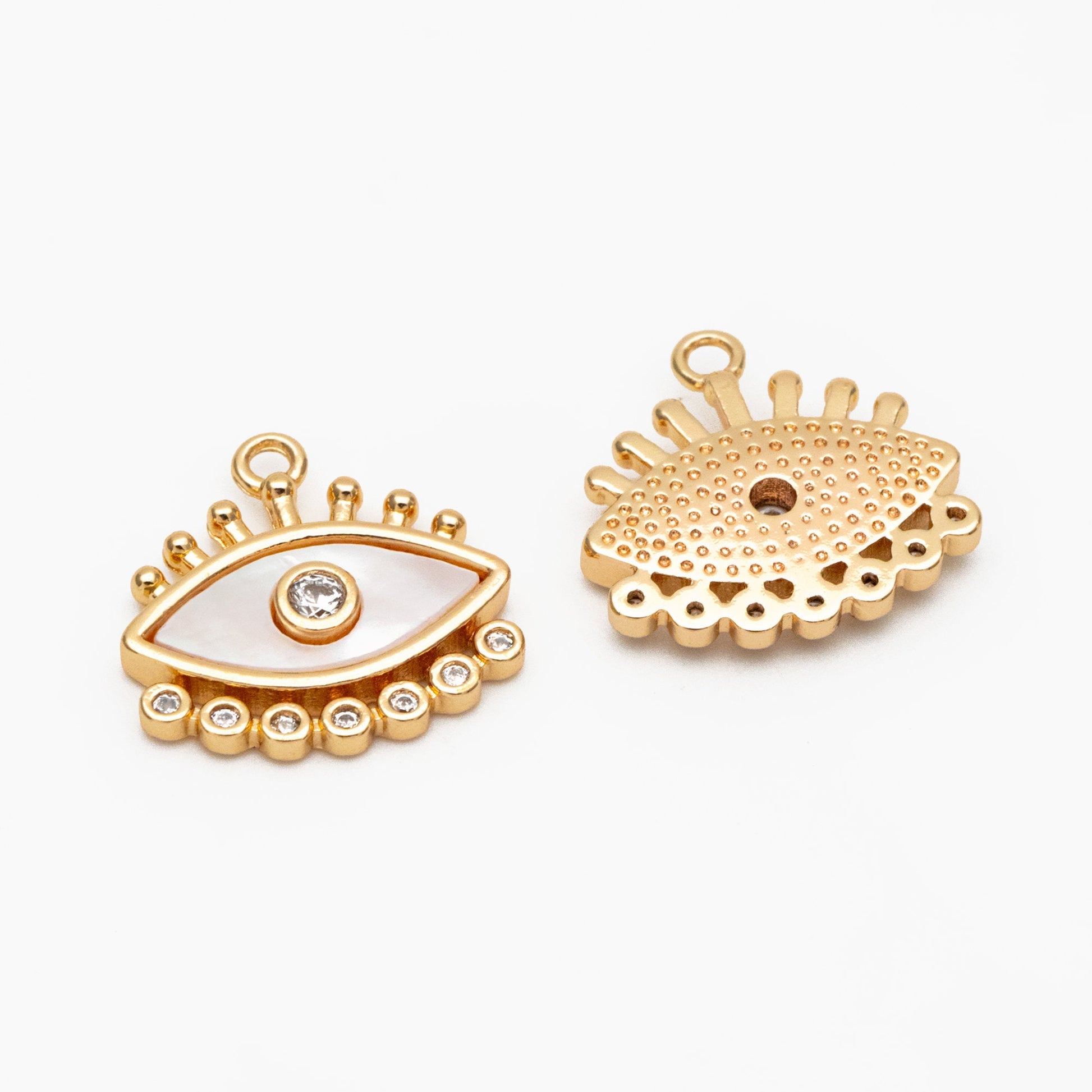 4pcs Shell Pave Evil Eye Charm, 14x14mm, 18K Gold plated Brass, CZ Eye Pendants (GB-1819-G)
