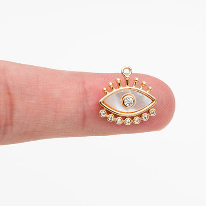 4pcs Shell Pave Evil Eye Charm, 14x14mm, 18K Gold plated Brass, CZ Eye Pendants (GB-1819-G)