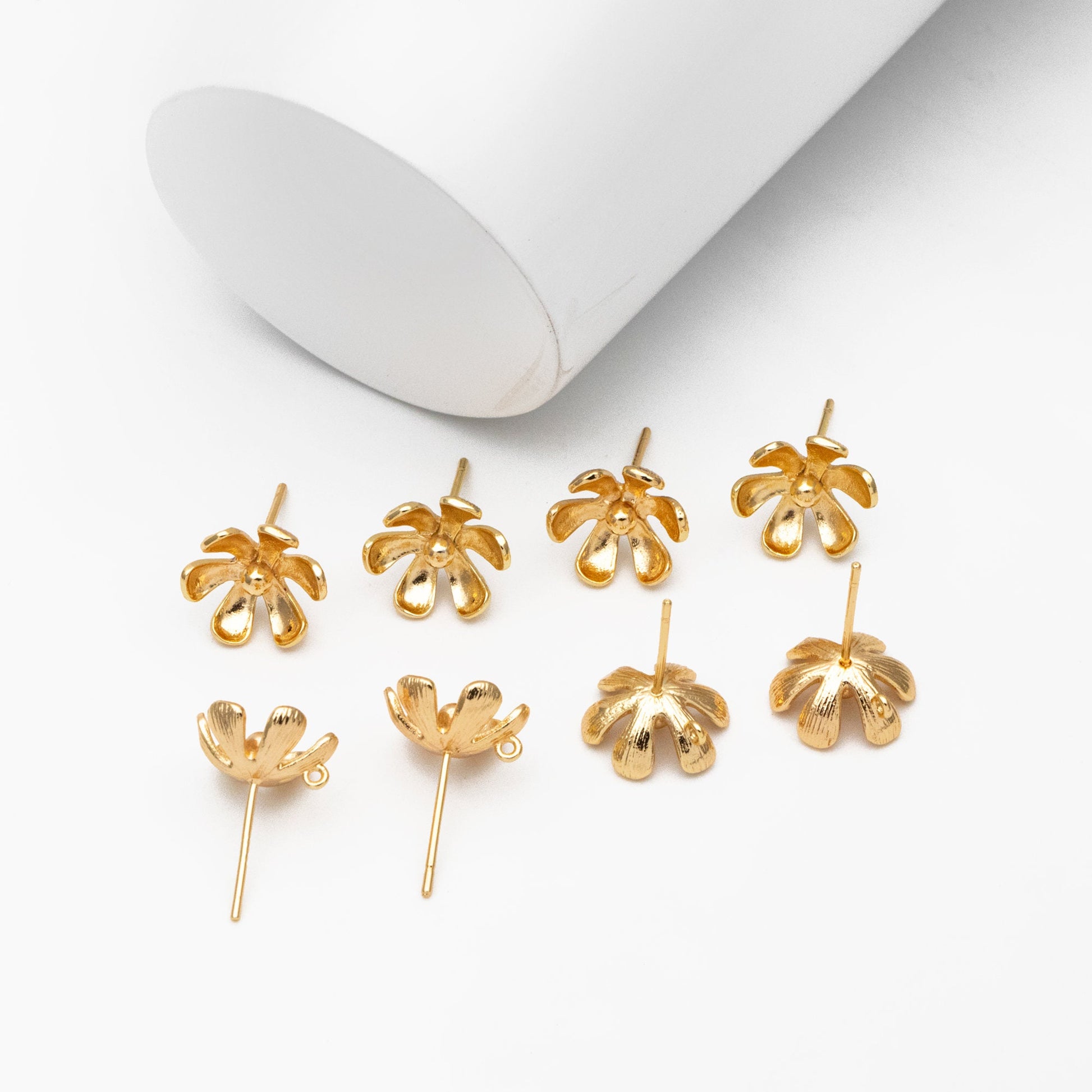 10pcs Gold Flower Ear Posts 11mm, Gold Plated Brass Stud Earrings, DIY Ear Findings (GB-3934)