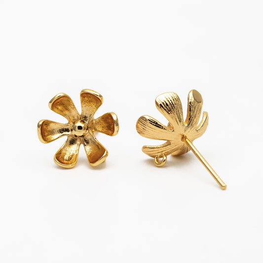10pcs Gold Flower Ear Posts 11mm, Gold Plated Brass Stud Earrings, DIY Ear Findings (GB-3934)