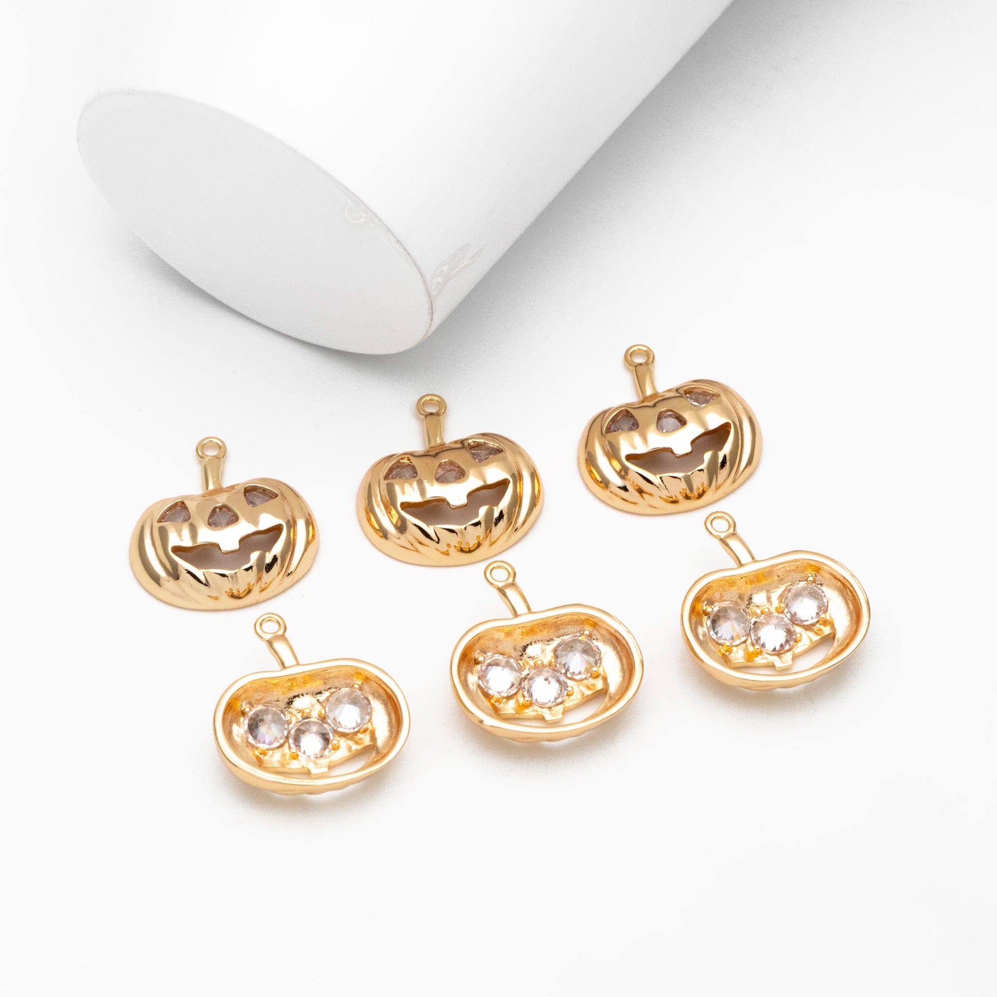 4pcs Gold CZ Pave Jack O Lantern Charm 20x18mm, Real Gold plated Brass, Halloween Pumpkin Pendants (GB-3941)