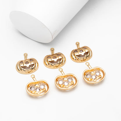 4pcs Gold CZ Pave Jack O Lantern Charm 20x18mm, Real Gold plated Brass, Halloween Pumpkin Pendants (GB-3941)
