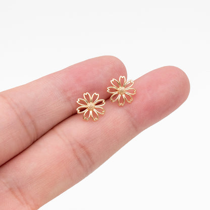 10pcs Gold Flower Earring, 9mm, Gold Plated Brass Daisy Stud Earrings, DIY Ear Findings (GB-3946)