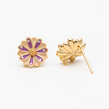 10pcs Gold Enamel Flower Ear Posts 11mm, Gold Plated Brass Stud Earrings, DIY Ear Findings (GB-3948)