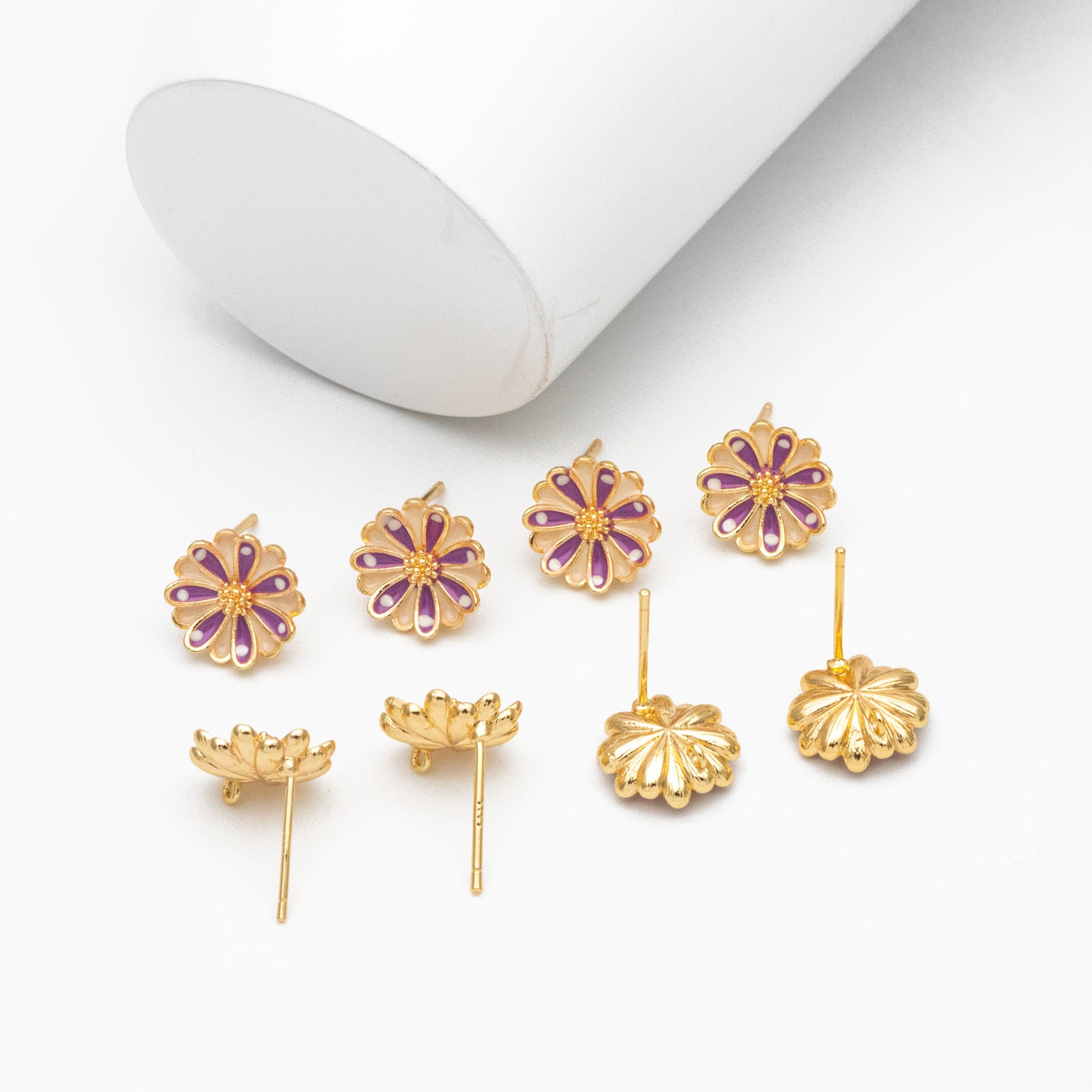 10pcs Gold Enamel Flower Ear Posts 11mm, Gold Plated Brass Stud Earrings, DIY Ear Findings (GB-3948)