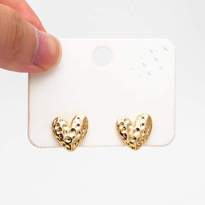 10pcs Gold/ Silver Hammered Heart Ear Post with Loop, Real Gold/ Rhodium plated Brass, Geometric Earring Studs (GB-3917)