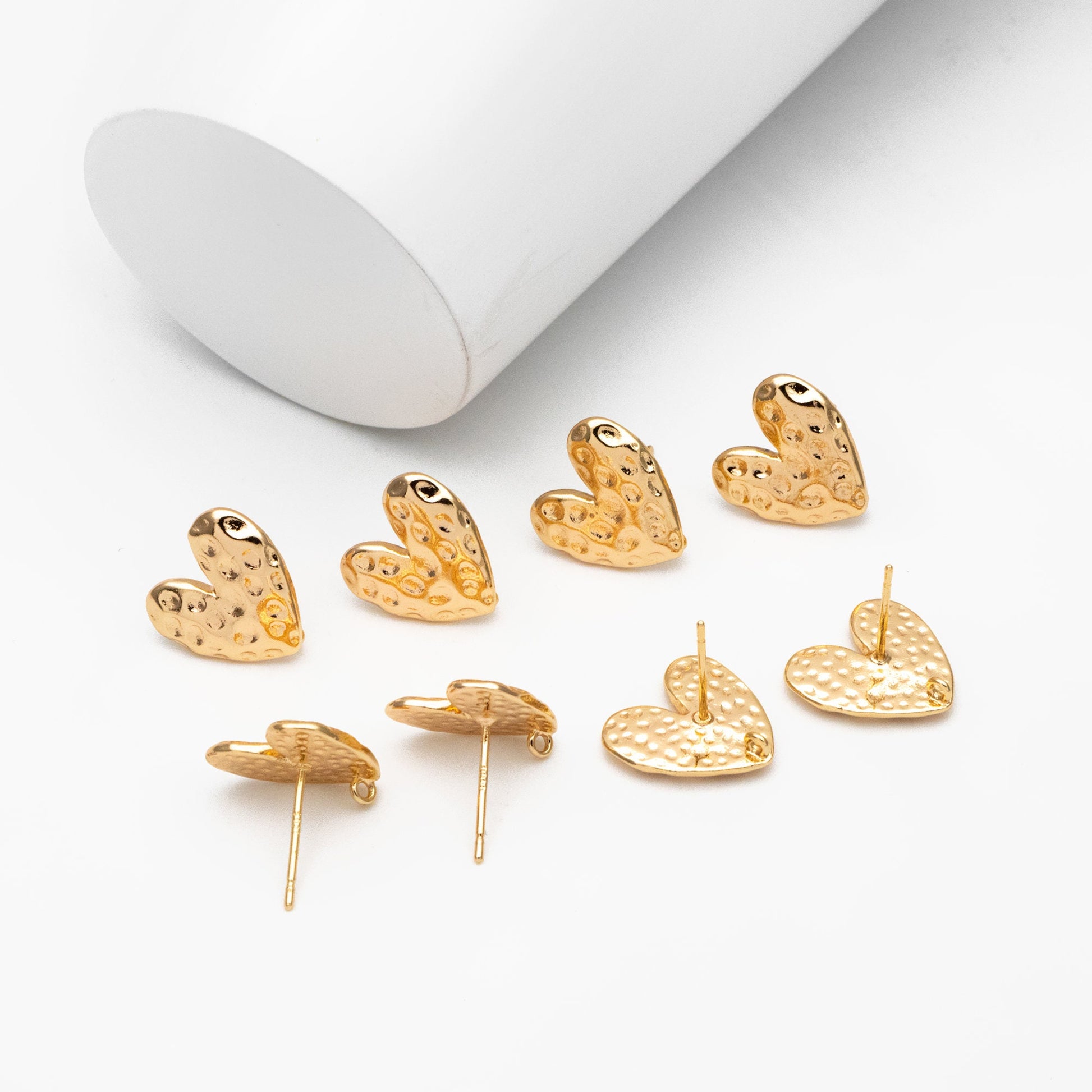 10pcs Gold/ Silver Hammered Heart Ear Post with Loop, Real Gold/ Rhodium plated Brass, Geometric Earring Studs (GB-3917)
