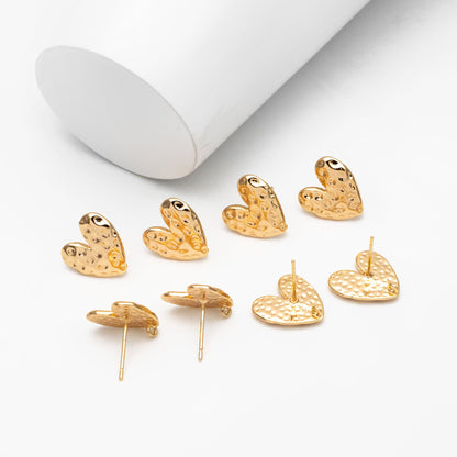 10pcs Gold/ Silver Hammered Heart Ear Post with Loop, Real Gold/ Rhodium plated Brass, Geometric Earring Studs (GB-3917)