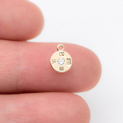 10pcs Gold plated Brass Disc Charms 8x6mm, CZ Pave dial plate charm (GB-1108)