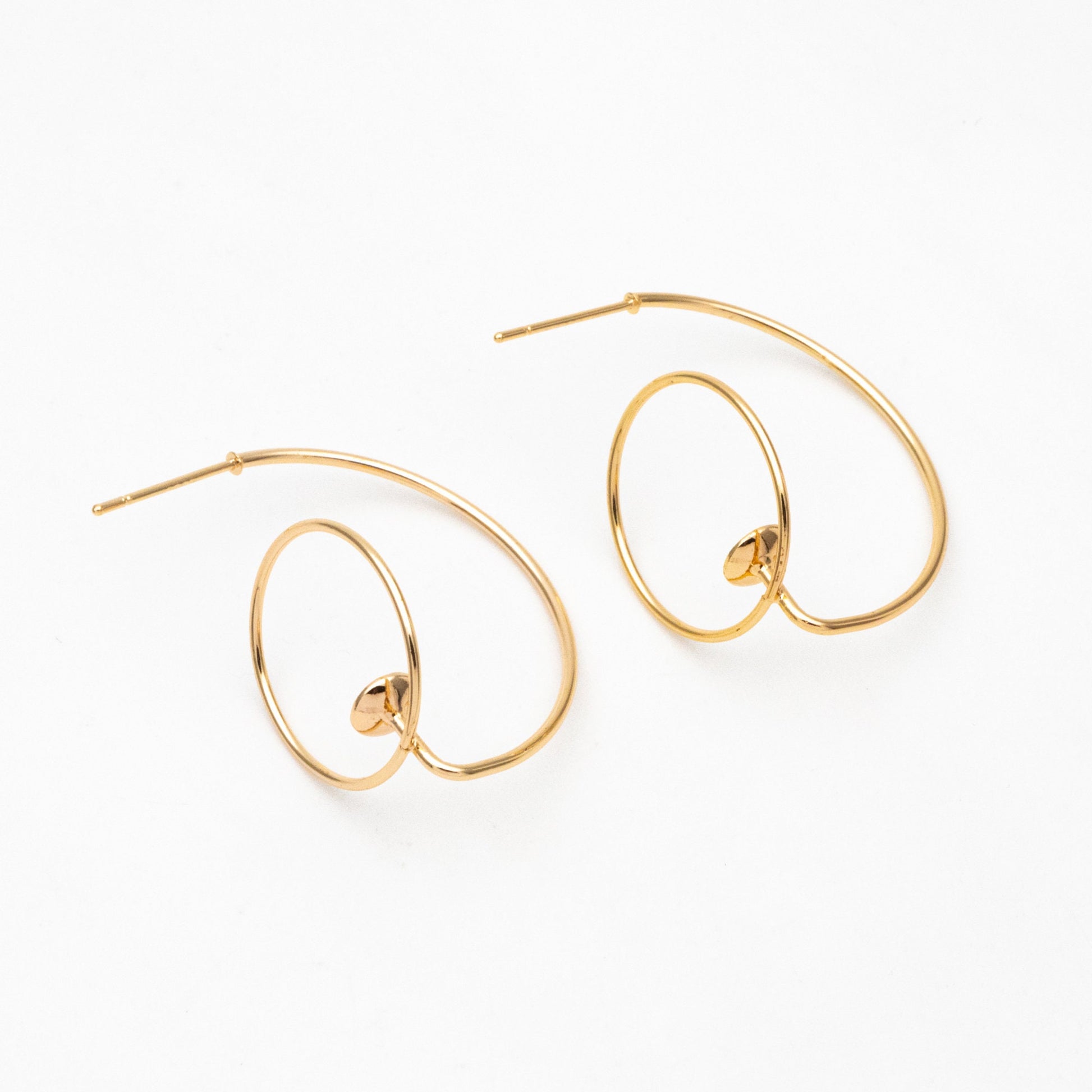 4pcs Gold C Shap Earring with Hoop, Real Gold plated Brass, Circle Stud Earring with 5mm Cup (GB-3919)