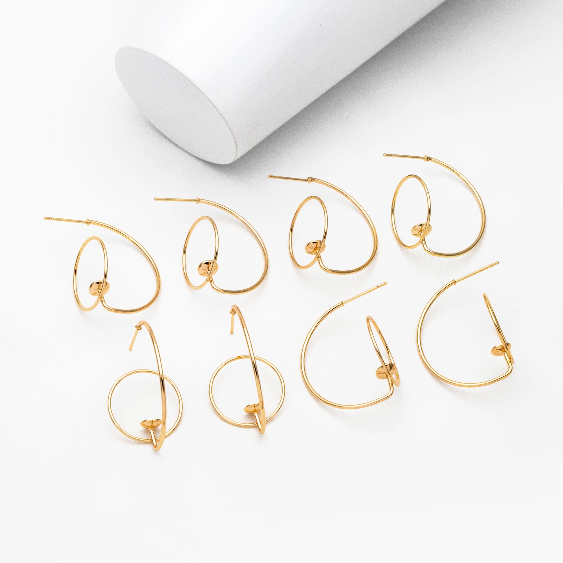 4pcs Gold C Shap Earring with Hoop, Real Gold plated Brass, Circle Stud Earring with 5mm Cup (GB-3919)