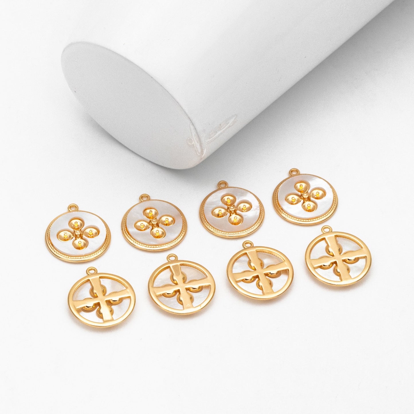 4pcs Shell Pave Gold Disc Charms 15mm, 18K Gold plated Brass, Pearl Peg Mounts, Half Drilled Pearl Settings (GB-3926)