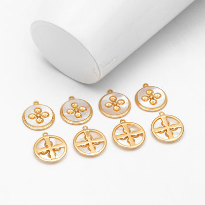 4pcs Shell Pave Gold Disc Charms 15mm, 18K Gold plated Brass, Pearl Peg Mounts, Half Drilled Pearl Settings (GB-3926)
