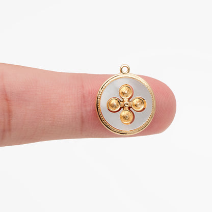 4pcs Shell Pave Gold Disc Charms 15mm, 18K Gold plated Brass, Pearl Peg Mounts, Half Drilled Pearl Settings (GB-3926)