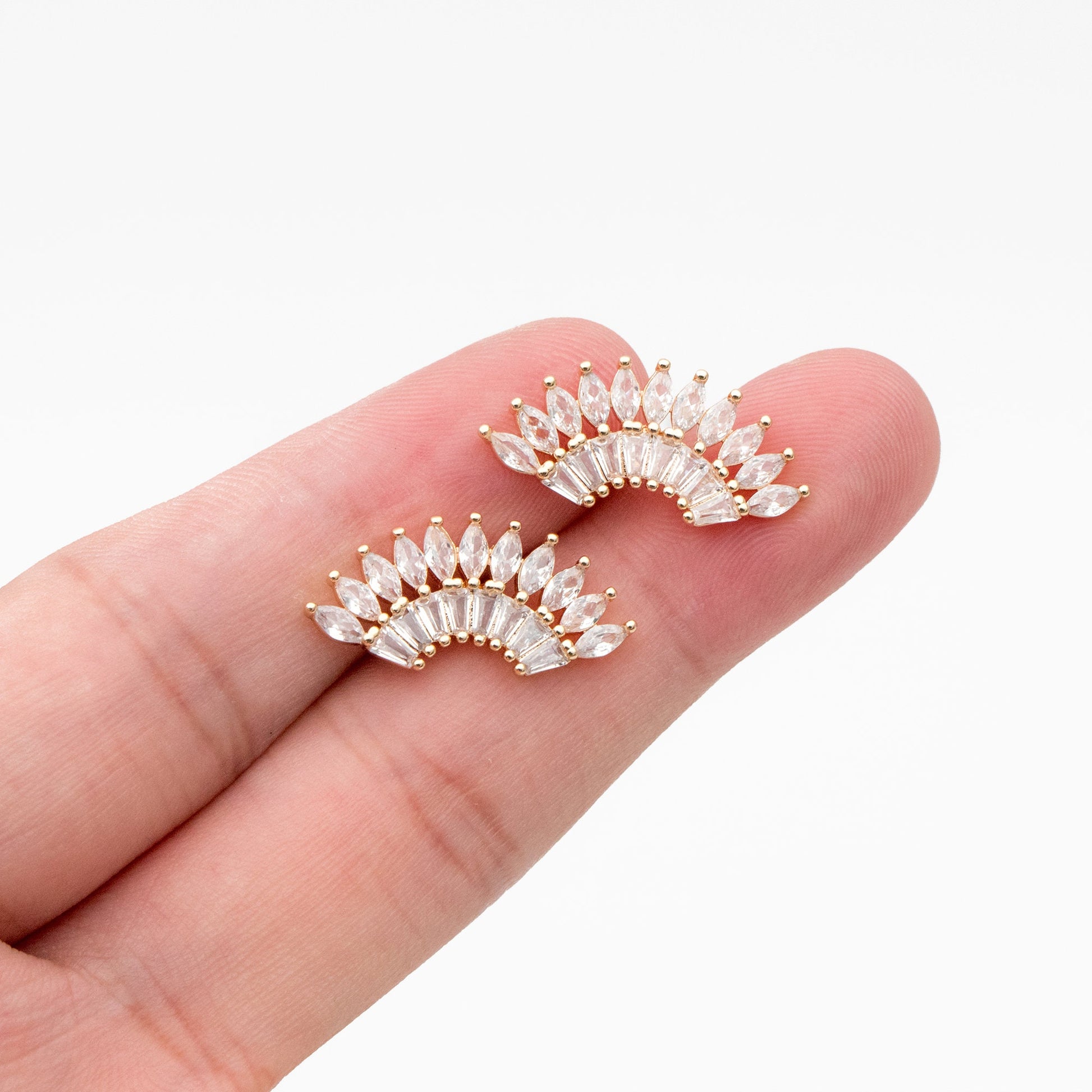 4pcs CZ Pave Fan Shaped Earrings, Real Gold Plated Fan Stud Earrings (#GB-3929)