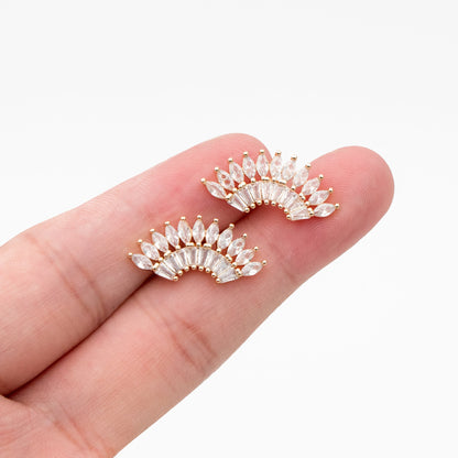 4pcs CZ Pave Fan Shaped Earrings, Real Gold Plated Fan Stud Earrings (#GB-3929)