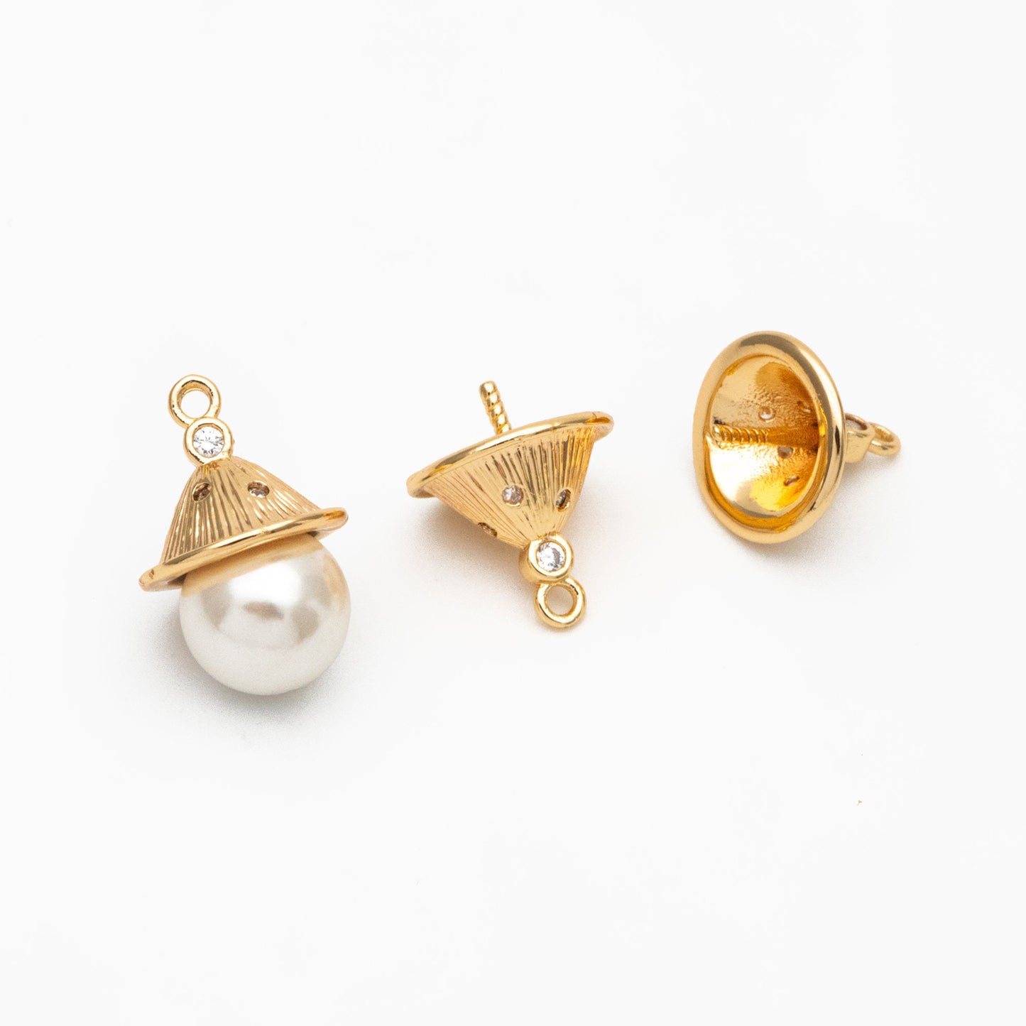 10pcs CZ Pave Gold Bead Caps, Real Gold plated Brass, Peg For Half Drilled Pearl Mounts, Peg Pearl Findings (GB-3942)