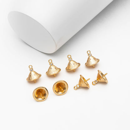 10pcs CZ Pave Gold Bead Caps, Real Gold plated Brass, Peg For Half Drilled Pearl Mounts, Peg Pearl Findings (GB-3942)