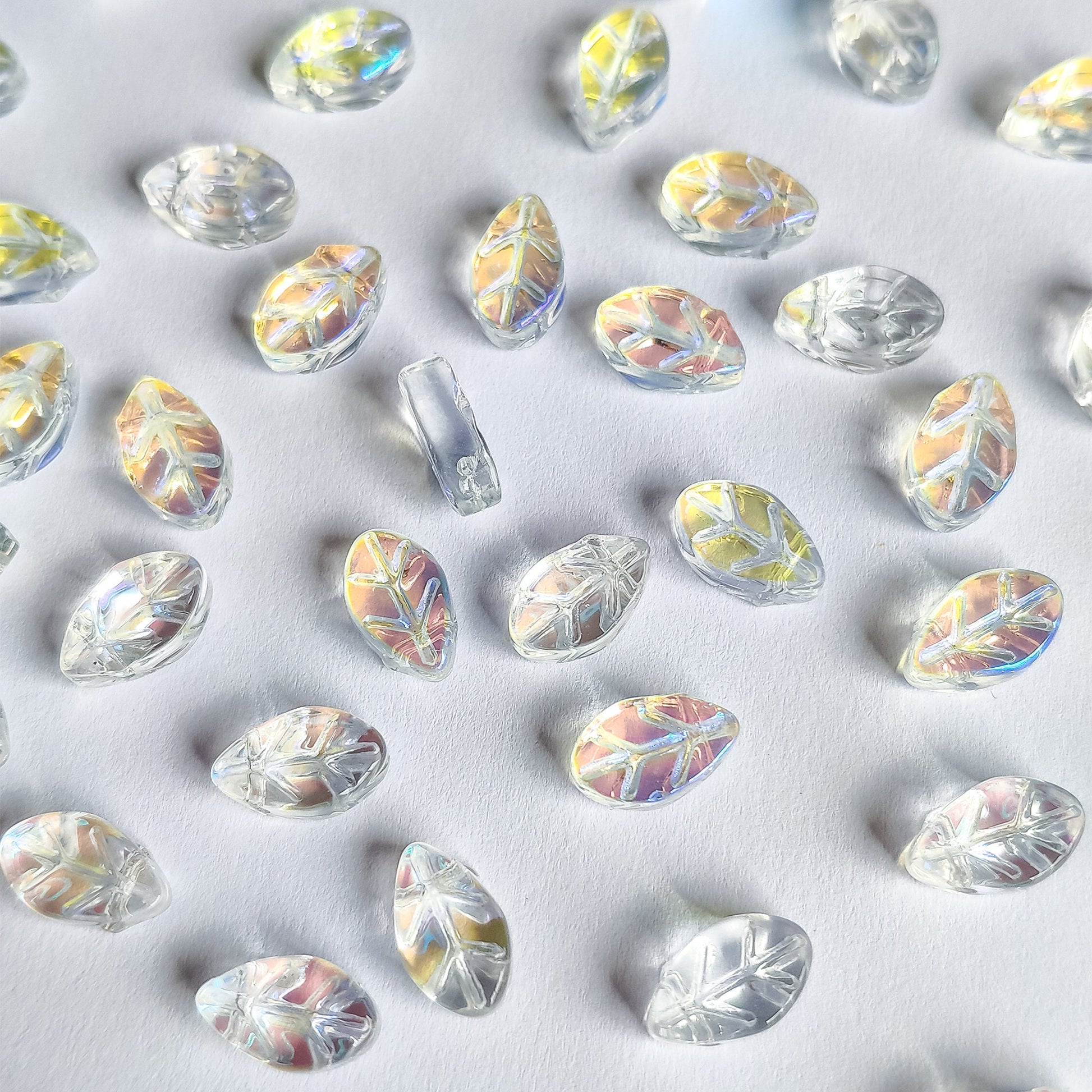 20pcs Crystal Leaf Beads 11x7mm, Sparkly Transparent Clear AB (TS-131)