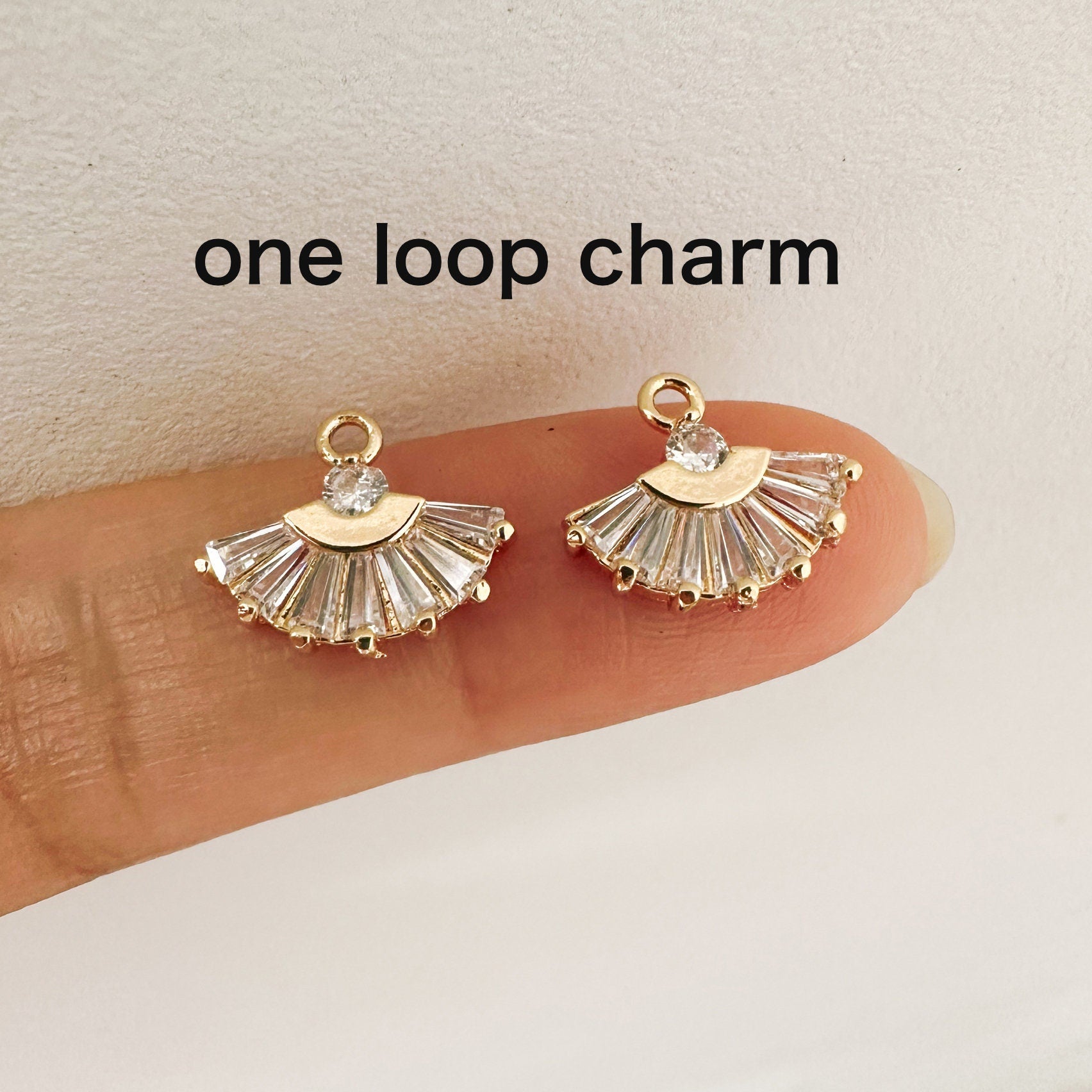 10pcs CZ Pave Gold/ Silver Fan Shaped Charm Connectors 14mm, 18K Gold plated on Brass (GB-539)