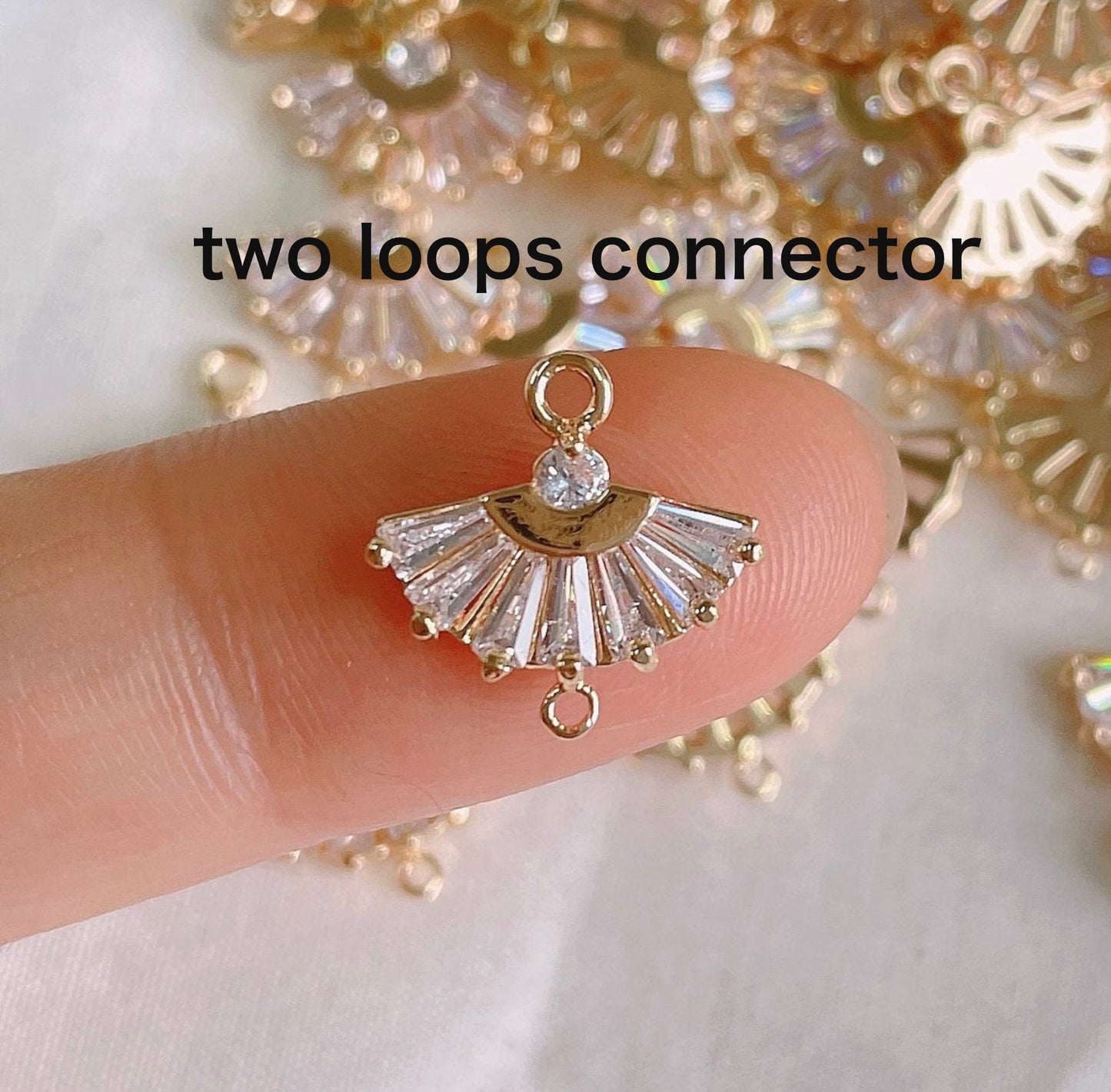 10pcs CZ Pave Gold/ Silver Fan Shaped Charm Connectors 14mm, 18K Gold plated on Brass (GB-539)