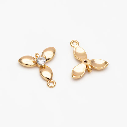 10pcs CZ Pave Gold Flower Charm Connectors 10x12mm, 18K Gold plated Brass, Floral Pendants with Loops (GB-3780-G)