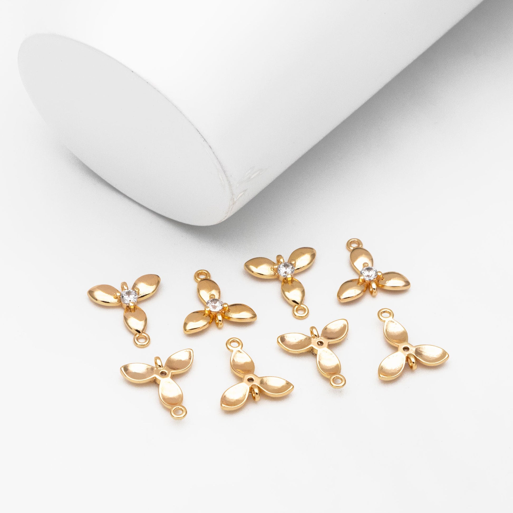 10pcs CZ Pave Gold Flower Charm Connectors 10x12mm, 18K Gold plated Brass, Floral Pendants with Loops (GB-3780-G)
