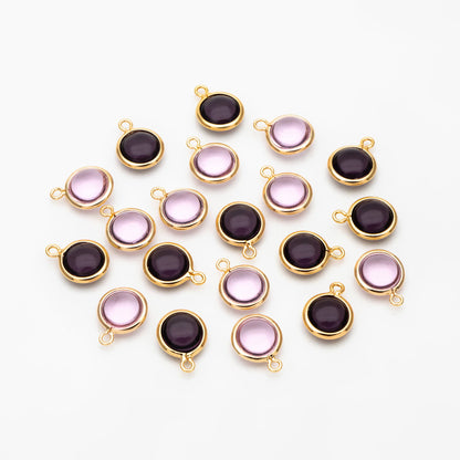 10pcs Gold Framed Crystal Coin Charms 9mm, Gold plated Brass Mini Charms, Purple Brown Pink (GB-130)