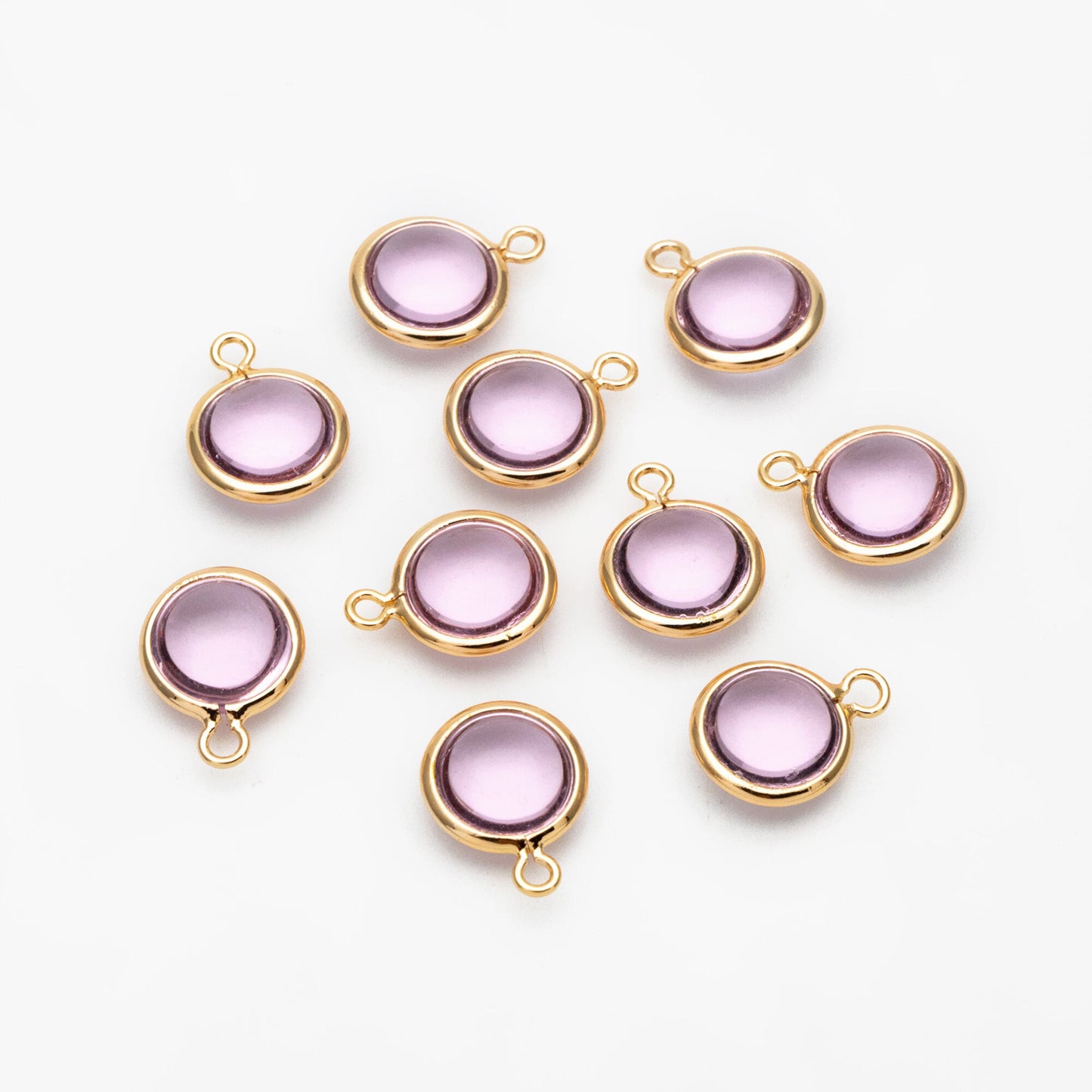 10pcs Gold Framed Crystal Coin Charms 9mm, Gold plated Brass Mini Charms, Purple Brown Pink (GB-130)