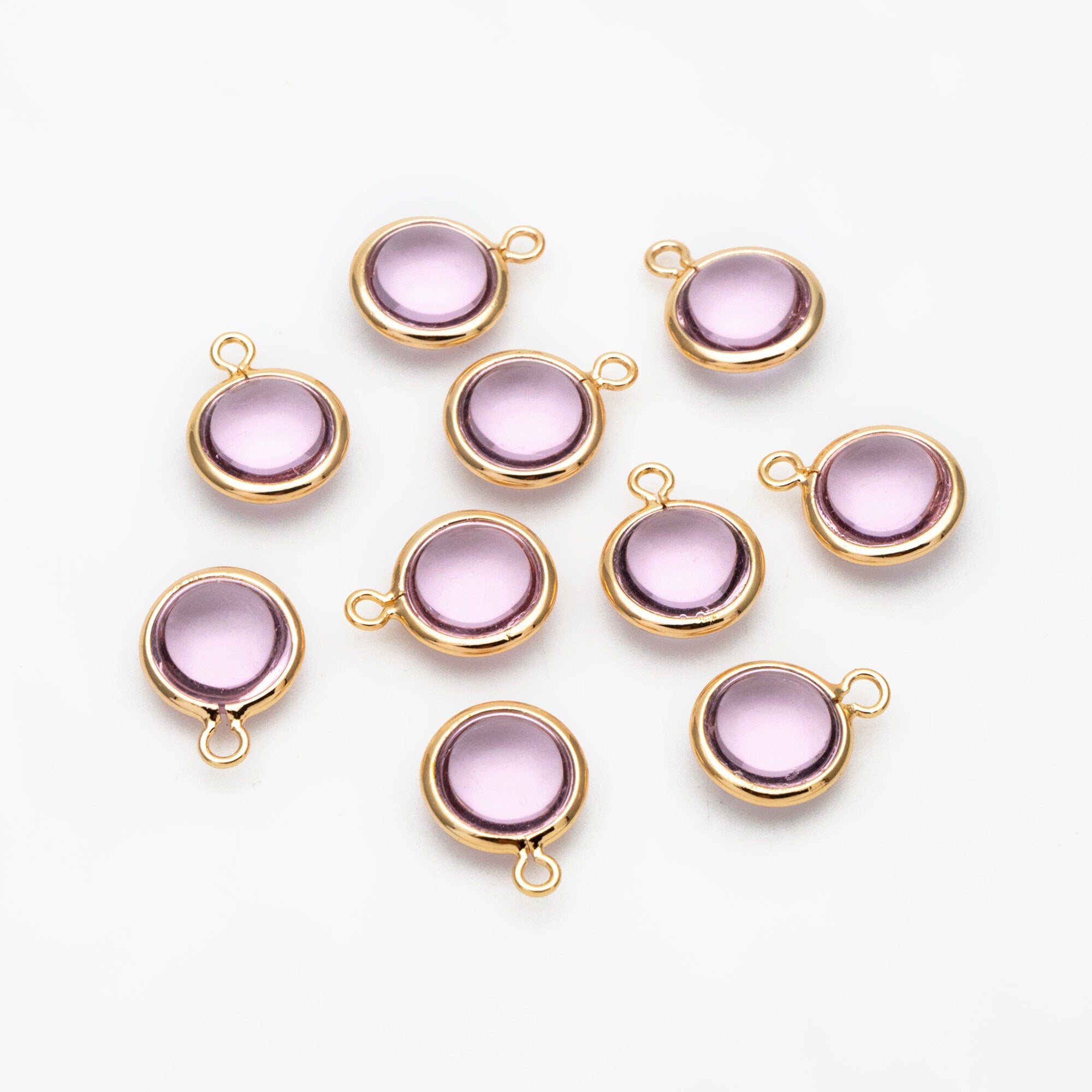 10pcs Gold Framed Crystal Coin Charms 9mm, Gold plated Brass Mini Charms, Purple Brown Pink (GB-130)