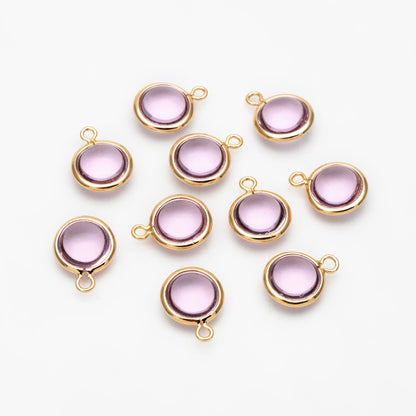 10pcs Gold Framed Crystal Coin Charms 9mm, Gold plated Brass Mini Charms, Purple Brown Pink (GB-130)