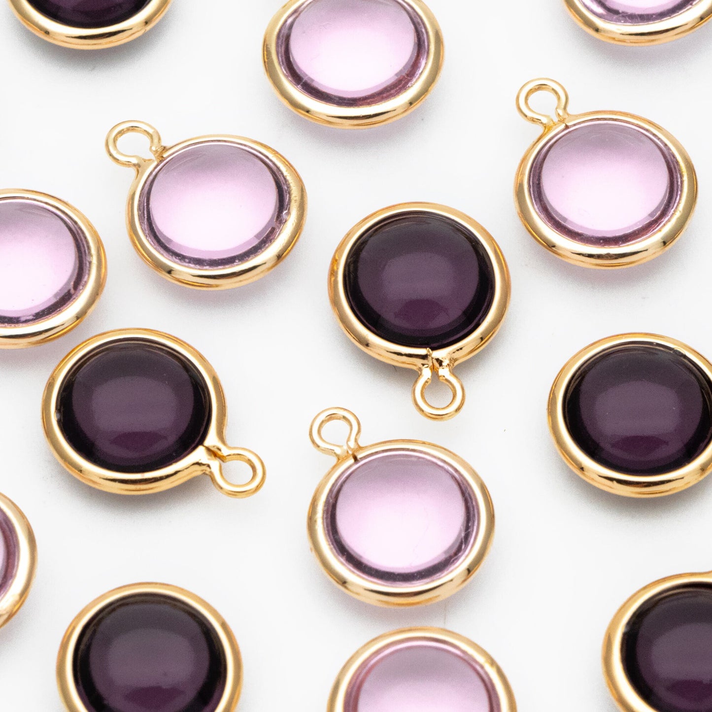 10pcs Gold Framed Crystal Coin Charms 9mm, Gold plated Brass Mini Charms, Purple Brown Pink (GB-130)