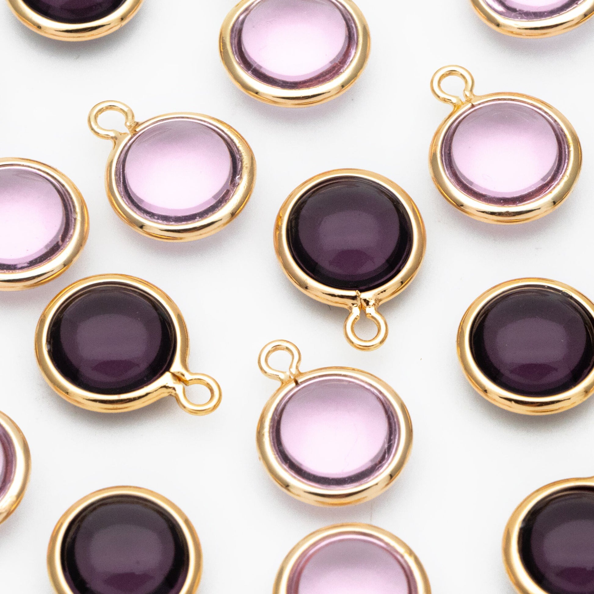 10pcs Gold Framed Crystal Coin Charms 9mm, Gold plated Brass Mini Charms, Purple Brown Pink (GB-130)