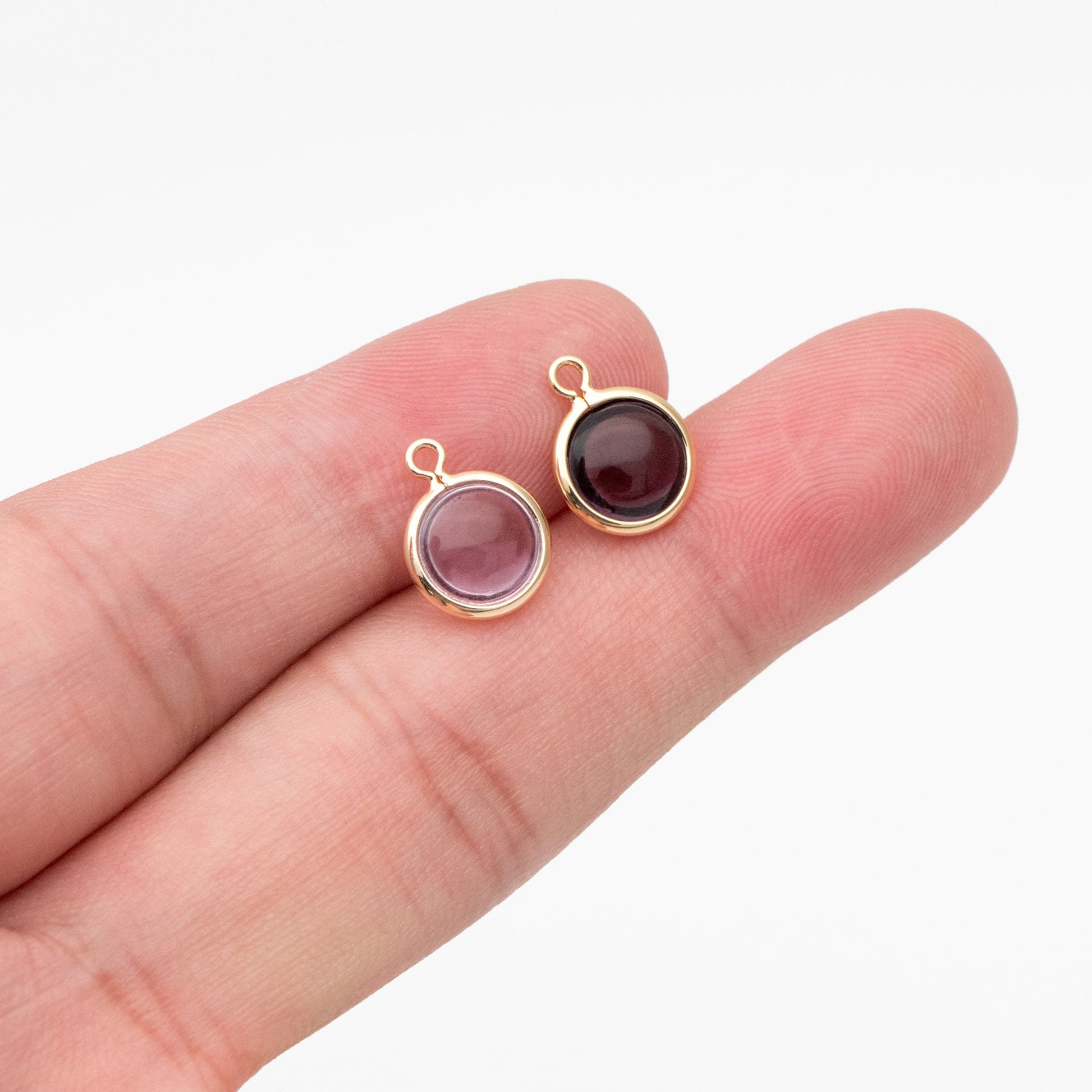 10pcs Gold Framed Crystal Coin Charms 9mm, Gold plated Brass Mini Charms, Purple Brown Pink (GB-130)