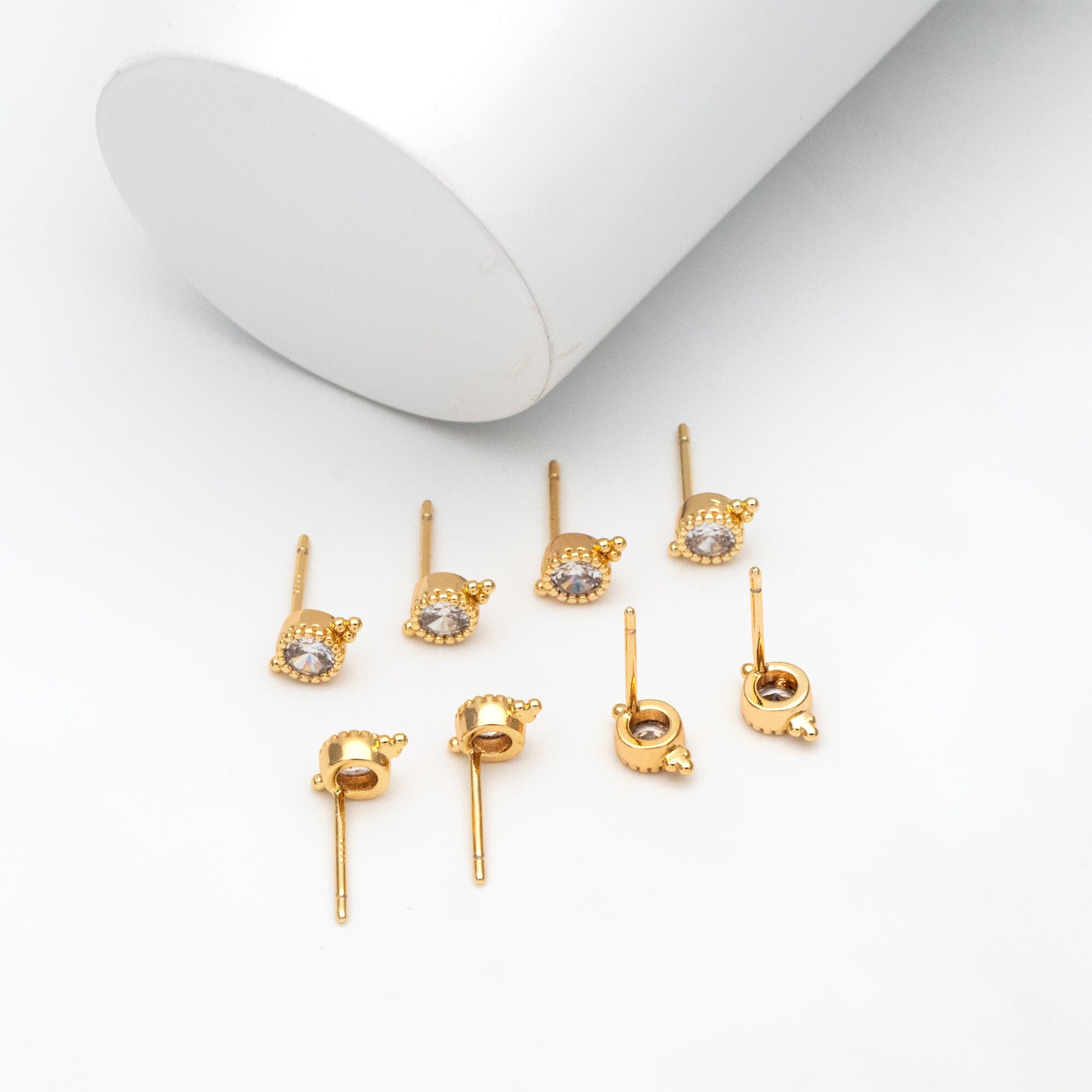 10pcs CZ Pave Round Ear Posts 8x5mm, Gold Plated Brass Dainty Stud Earrings (GB-3914)