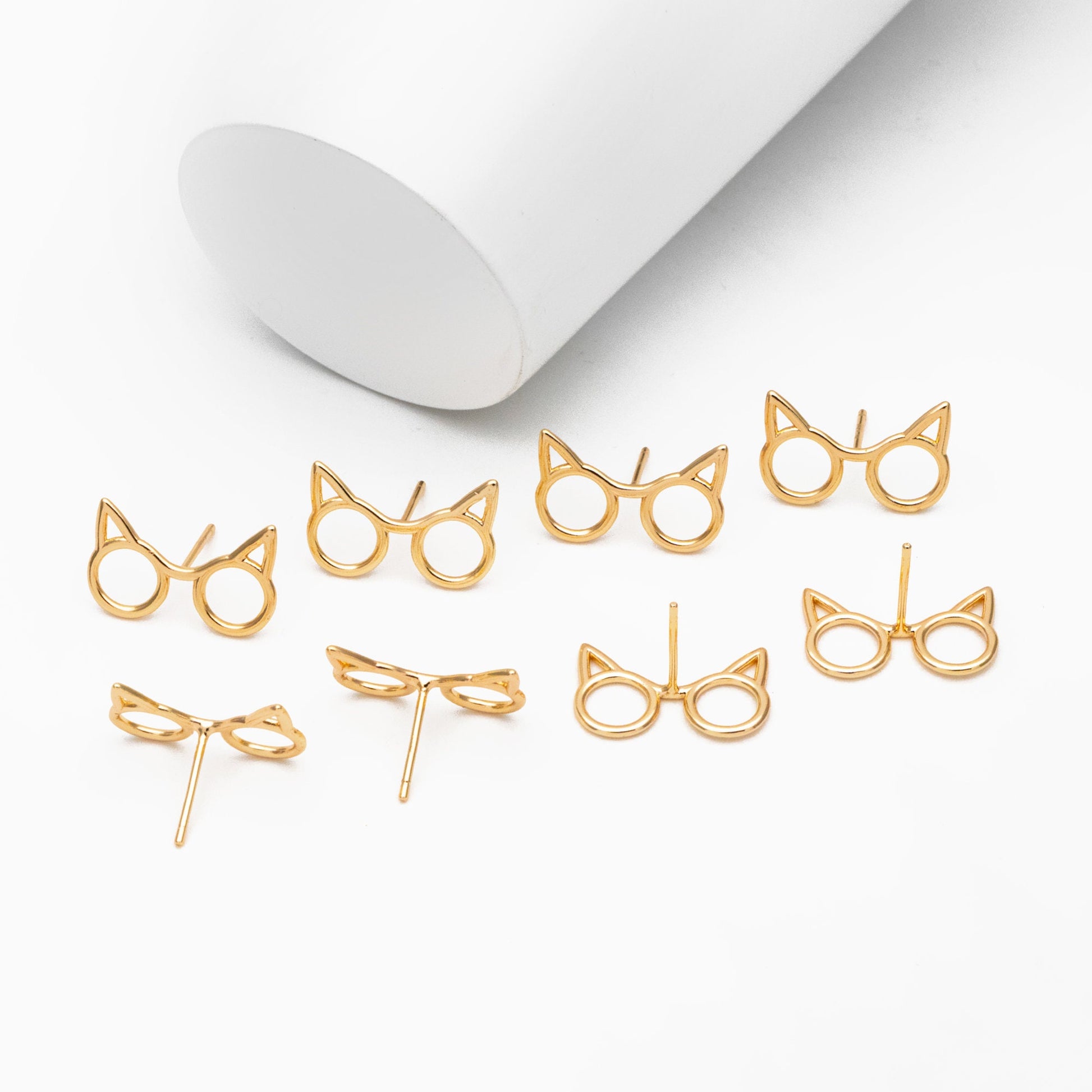 10pcs Gold Glasses Earring 11X18mm, Real Gold Plated Brass, Cute Glasses Stud Earrings (#GB-3988)