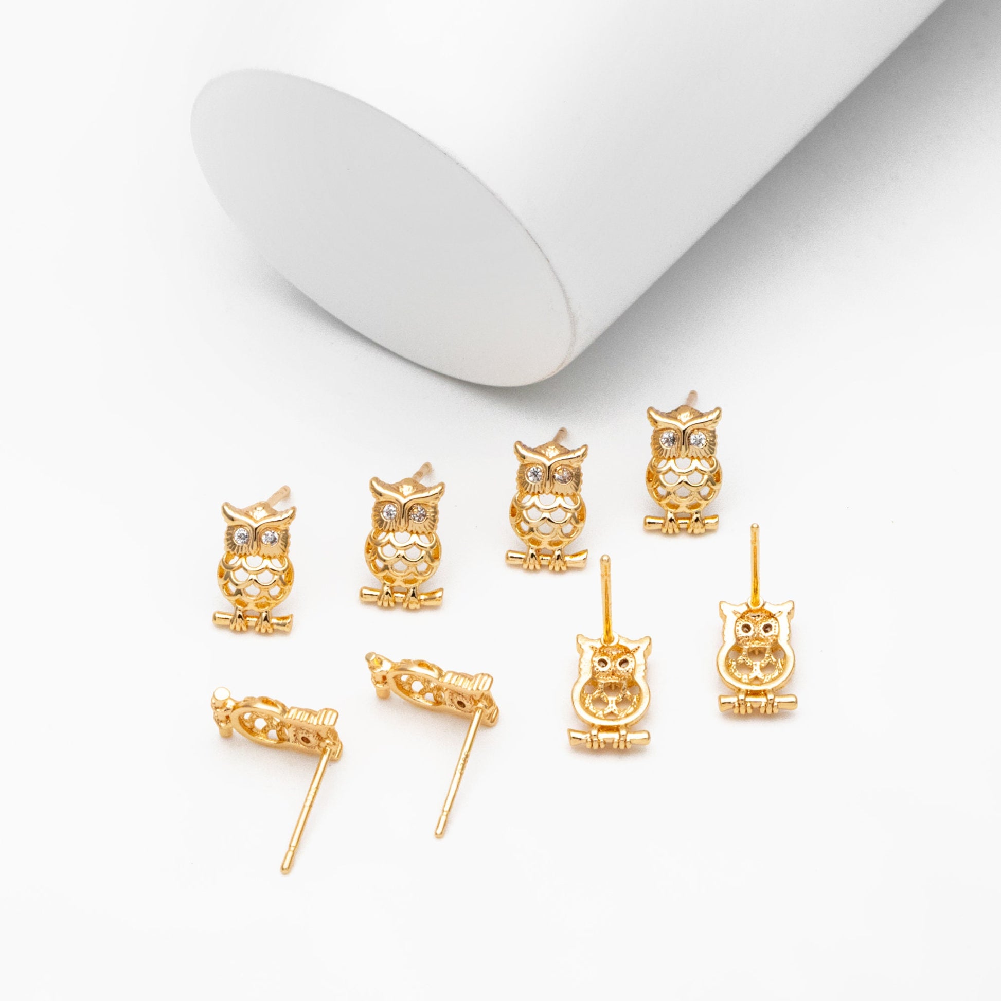 10pcs CZ Pave Gold Owl Earrings 11x7mm, Gold Plated Brass, Bird Stud Earrings (GB-3999)