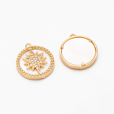 4pcs Shell Pave Gold North Star Charm, 18K Gold plated Brass, CZ Star Pendants (GB-1048-J)