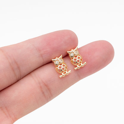 10pcs CZ Pave Gold Owl Earrings 11x7mm, Gold Plated Brass, Bird Stud Earrings (GB-3999)