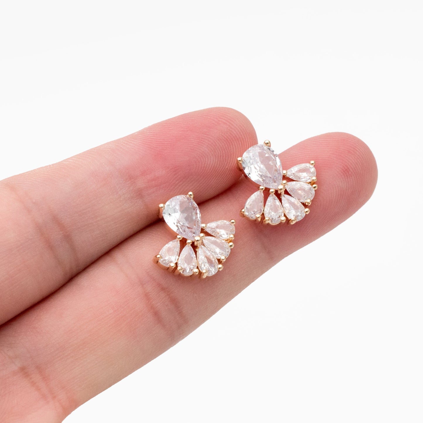 4pcs CZ Pave Gold Fan Shape Earring Posts, Gold Plated Brass Fan Stud Earrings (GB-3961)