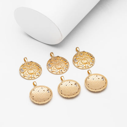 4pcs CZ Pave Gold Round Moon Star Charms, 18K Gold plated Brass, Disk Pendants (GB-2394-D)