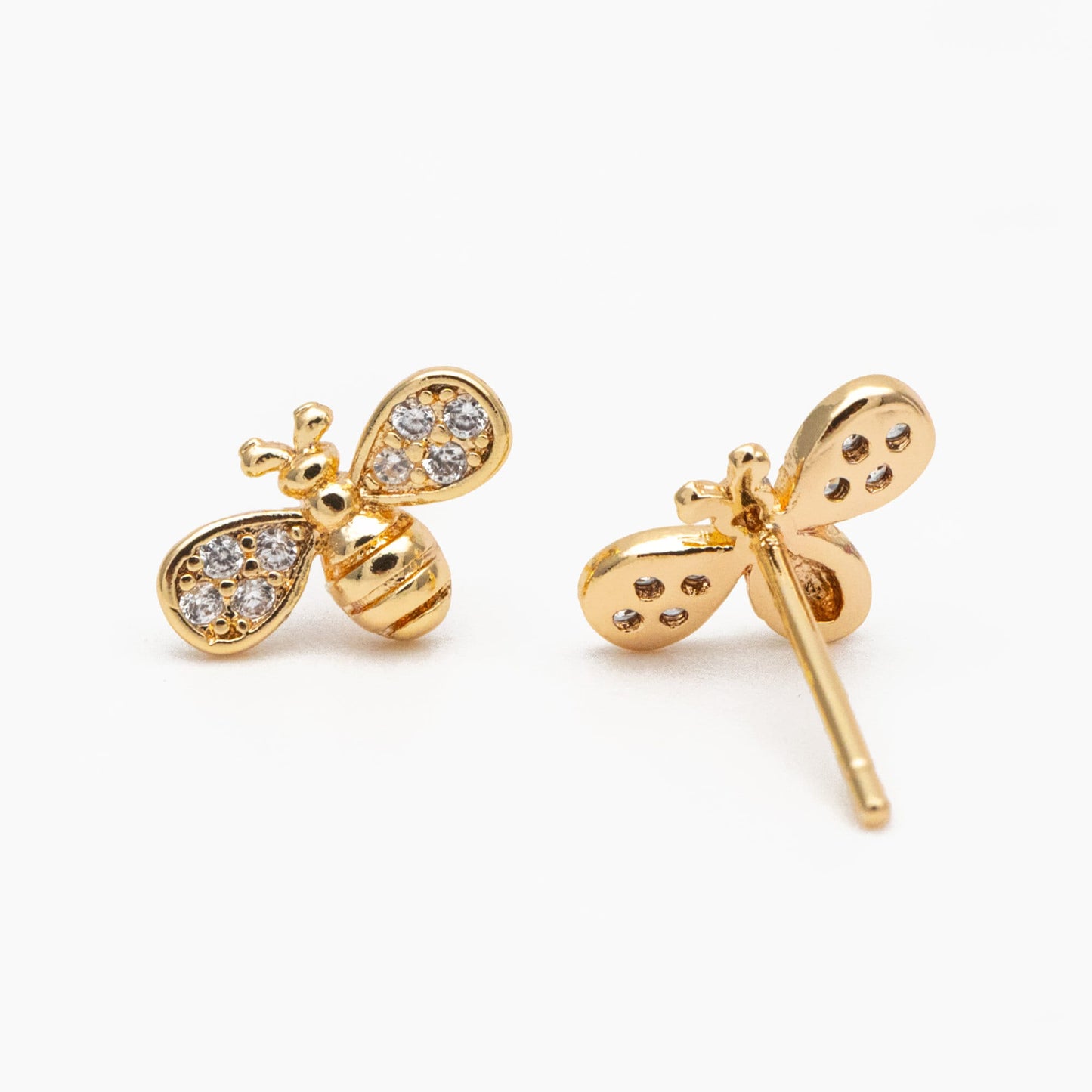 10pcs CZ pave Gold Bee Earrings 7x10mm, Real Gold Plated Brass Stud Earrings (GB-3896-C)