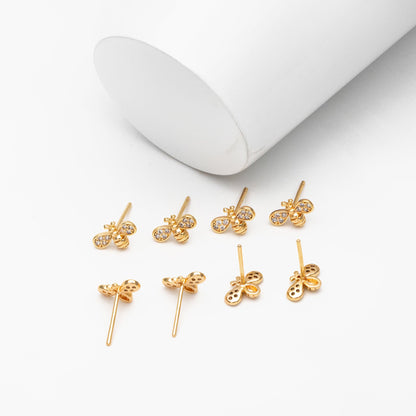 10pcs CZ pave Gold Bee Earrings 7x10mm, Real Gold Plated Brass Stud Earrings (GB-3994)