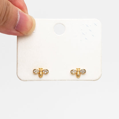 10pcs CZ pave Gold Bee Earrings 7x10mm, Real Gold Plated Brass Stud Earrings (GB-3994)