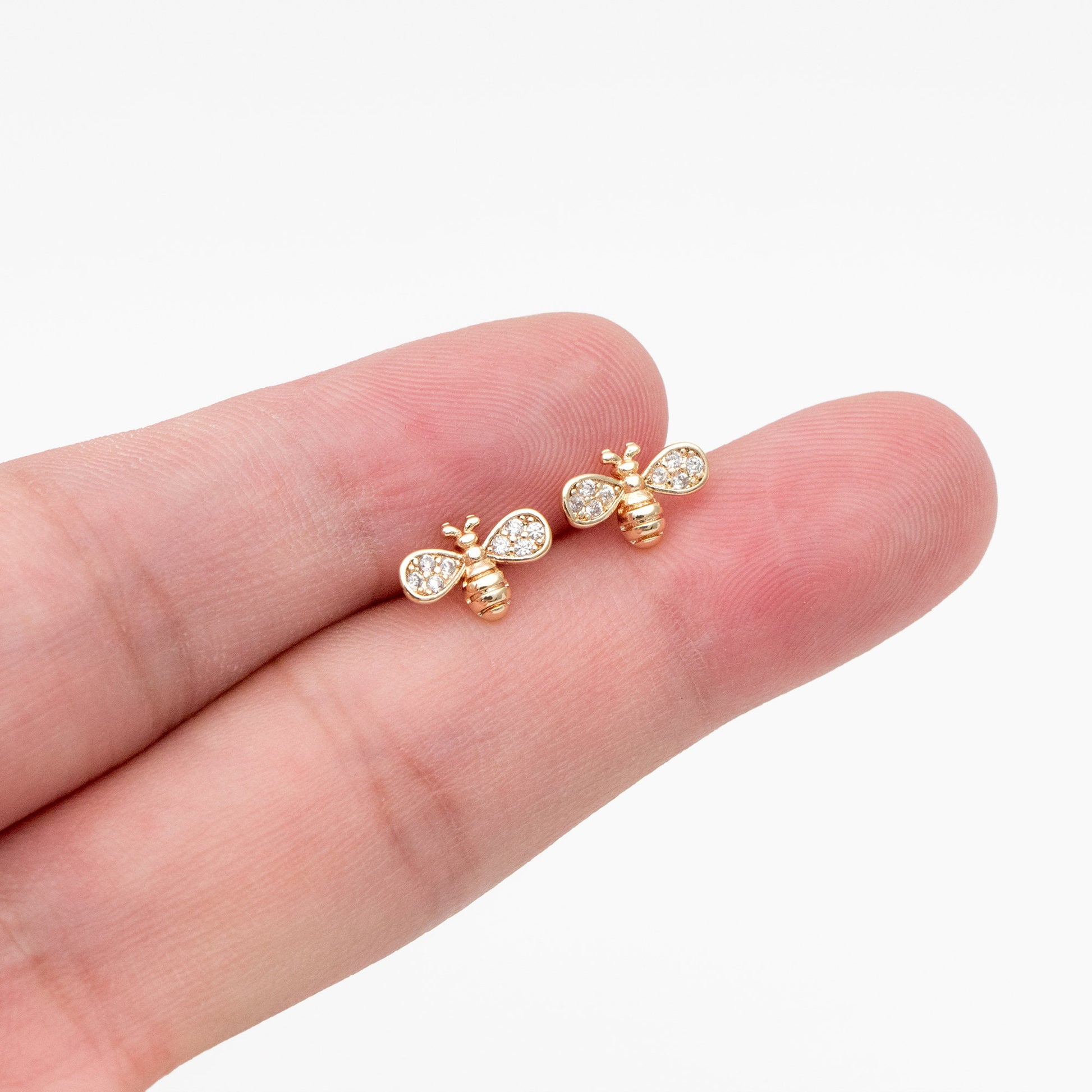 10pcs CZ pave Gold Bee Earrings 7x10mm, Real Gold Plated Brass Stud Earrings (GB-3994)